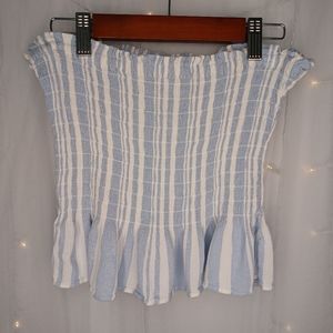 American Eagle Outfitters Tube Top/Bandeau Top, White/Baby Blue Striped, Ruffles